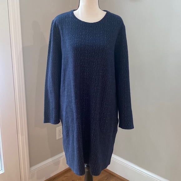 J Jill Pure Jill textured long sleeve boxy A line dress navy white Large  EUC - Picture 1 of 11
